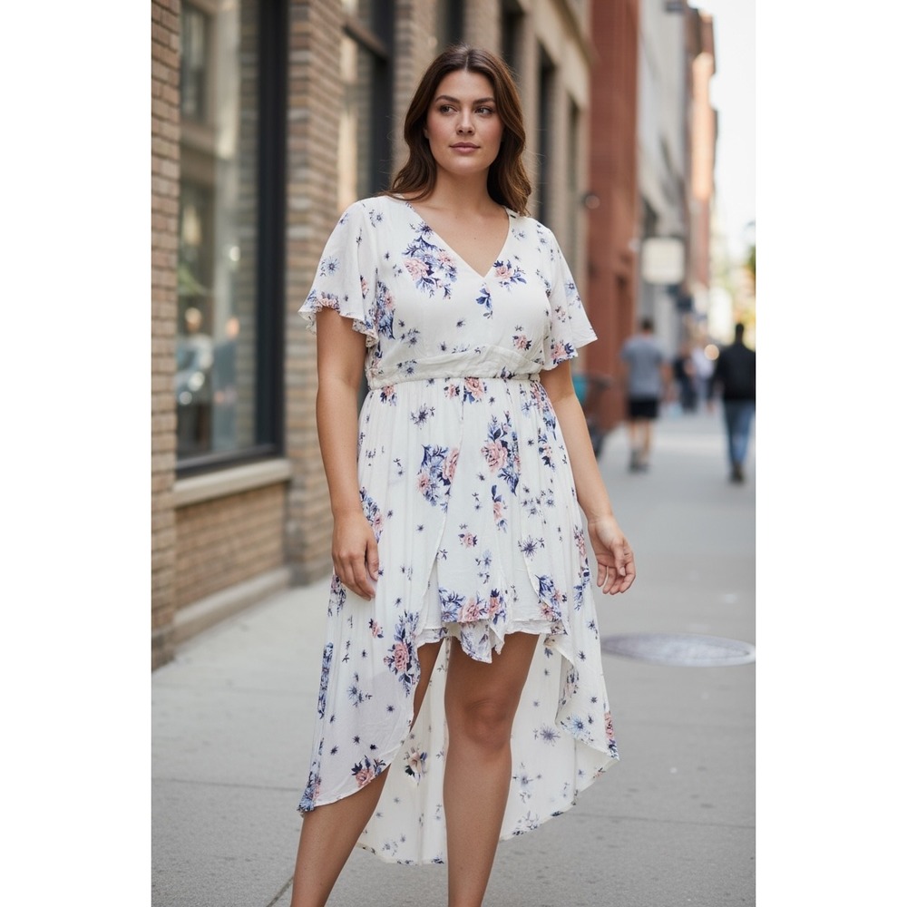 Torrid Maxi Dress Flutter Sleeve SZ 22 Keyhole Back White Pink Blue‎ Plus Size